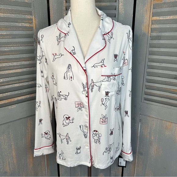 Kate Spade Long Sleeve PJ Set Dog Print Cream Sz M NWT - Picture 3 of 16